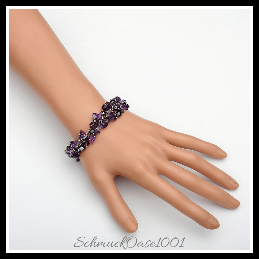 Amethyst armband mit glasperlen & messing-karabiner aus 160x15 mm