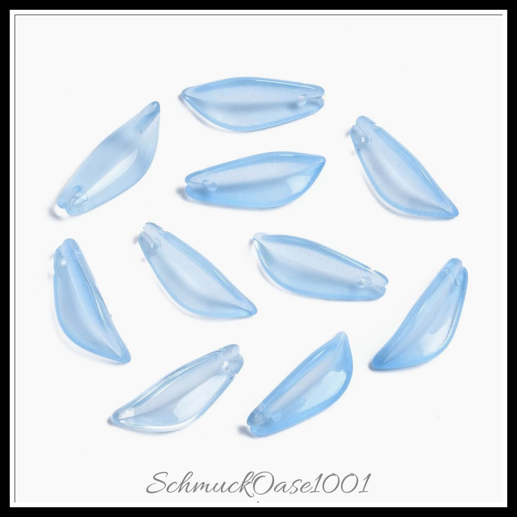 Transparente glasanhänger – blatt / 21.5x8x5 mm / 20 stück, aus glas / transparent, blatt in der farbe mischfarbe und größe 21.5x8x5 mm, loch: 1.2 mm / 20 st.