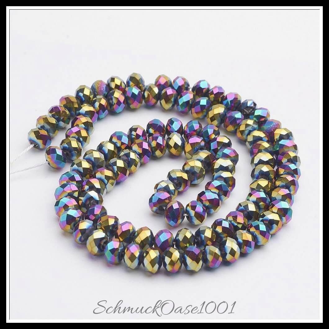 Elektroplattierte glasperlen – facettierte rondelle / 6x4 mm / 4 stränge, aus glas / facettiert, rondelle, elektroplattiert in der farbe mischfarben und größe 6x4 mm, loch: 1 mm, ca. 50 stück / strang / 4 stränge, ausdrucksstark und ideal für auffällige designs