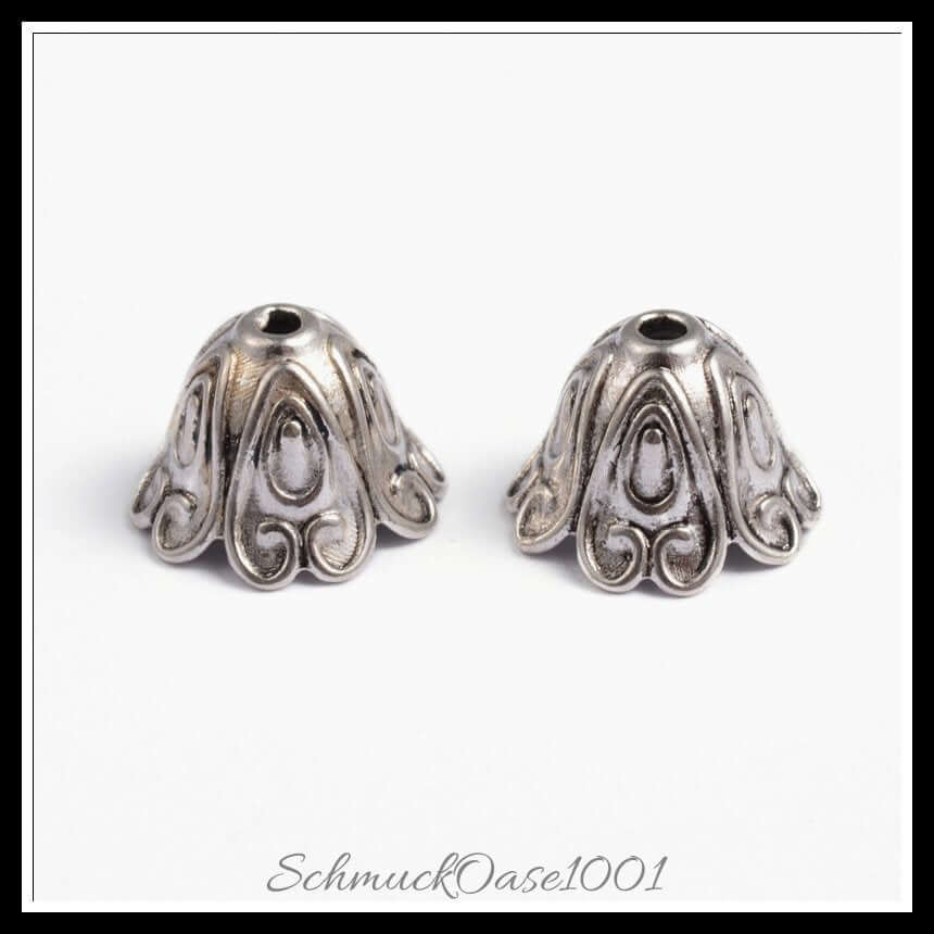 Tibetische perlenkappen – blume / 15x11 mm / 15 stück, in der farbe antik silber