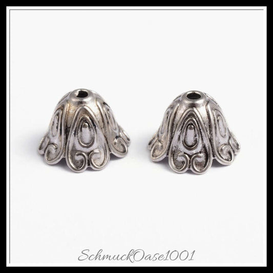 Tibetische perlenkappen – blume / 15x11 mm / 15 stück, in der farbe antik silber