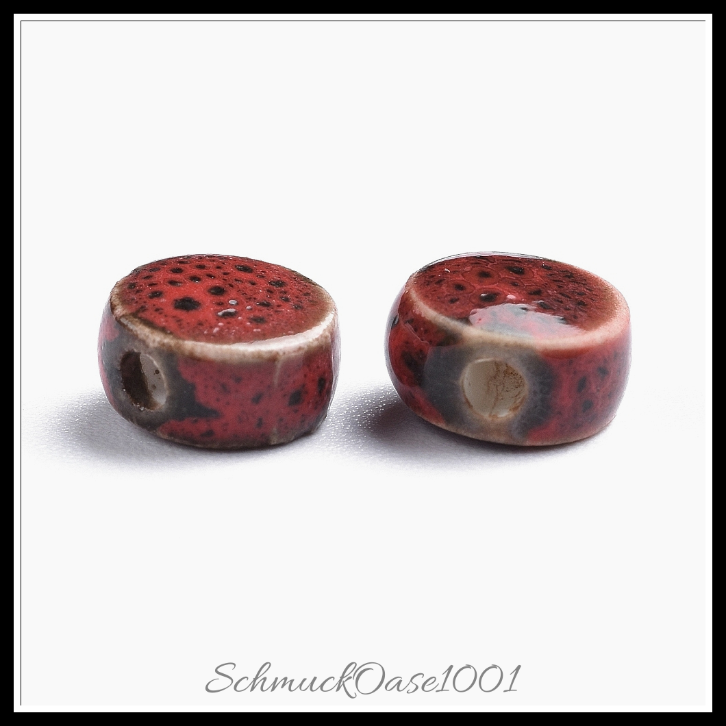 Manuell porzellan perlen, antik glasiert, flachrund, dunkelrot, 20 stk., aus dunkelrot in der farbe antik glasiertes porzellan und größe 9x5 mm, bohrung: 2 mm