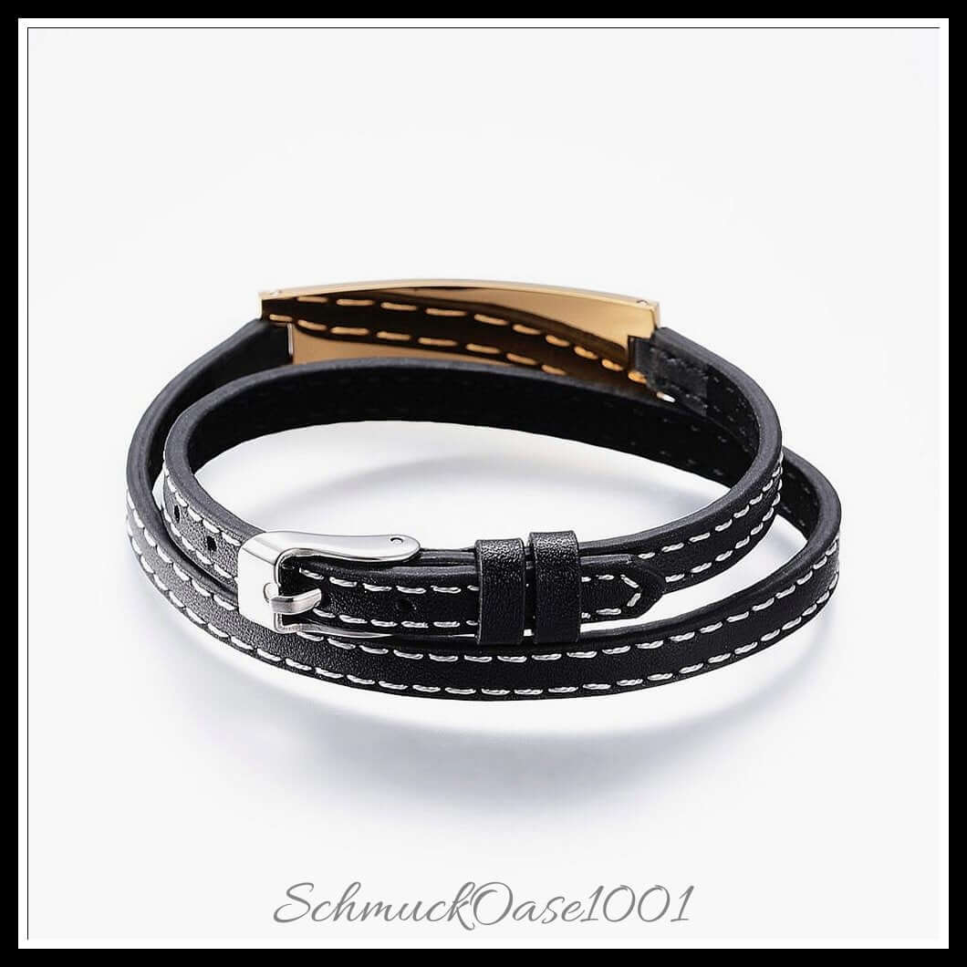 Lederarmband mit edelstahl-tag – 14.6x3.7 cm / 1 stück, aus leder / edelstahl, stempelbar, leerer tag in der farbe gold und größe 14.6x3.7 cm / 1 st.