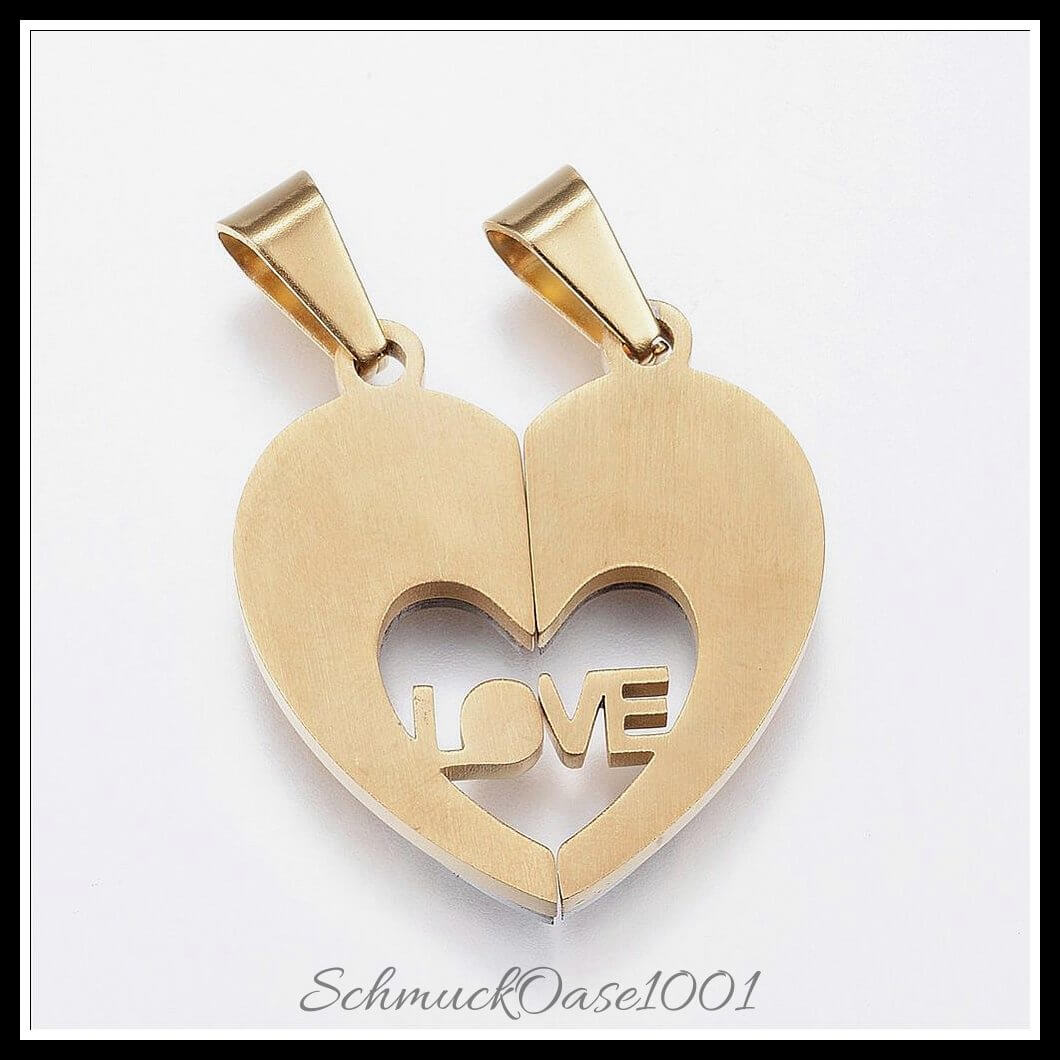Split edelstahl anhänger – herz „i love you“ / 30x14x4 mm / 1 set, aus edelstahl 304 / herz, split, i love you, 2-farbig in der farbe gold & edelstahl und größe 30x14x4 mm, loch: 9x5 mm / 1 set