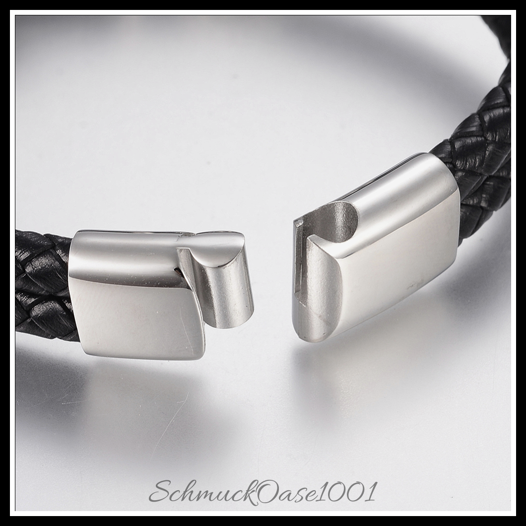 Buddha lederarmband – geflochten mit edelstahlperlen & magnetverschluss aus 8-5/8 zoll (220 mm), 29x14x8 mm