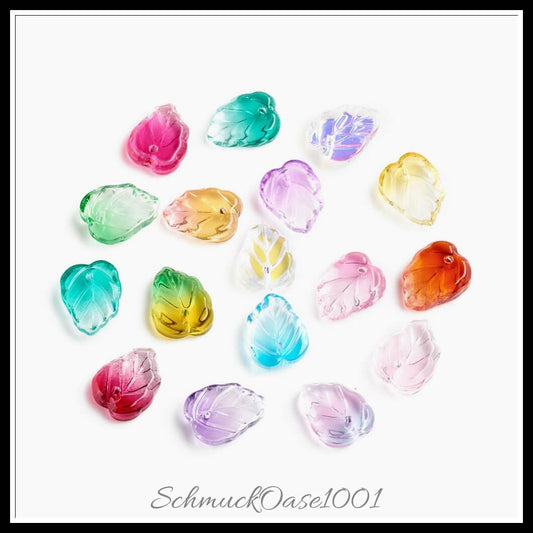 Zweifarbige glas charms – blatt / 13.5x10.5x3.5 mm / 1 stück, in der farbe mischfarbe