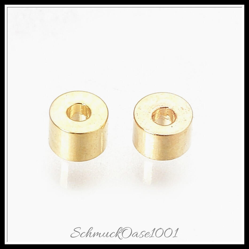 Messing spacerperlen – kolumne / 2.5x2 mm / 26 stück, aus messing / kolumne, spacer, goldüberzogen in der farbe gold und größe 2.5x2 mm, loch: 1 mm / 26 st.
