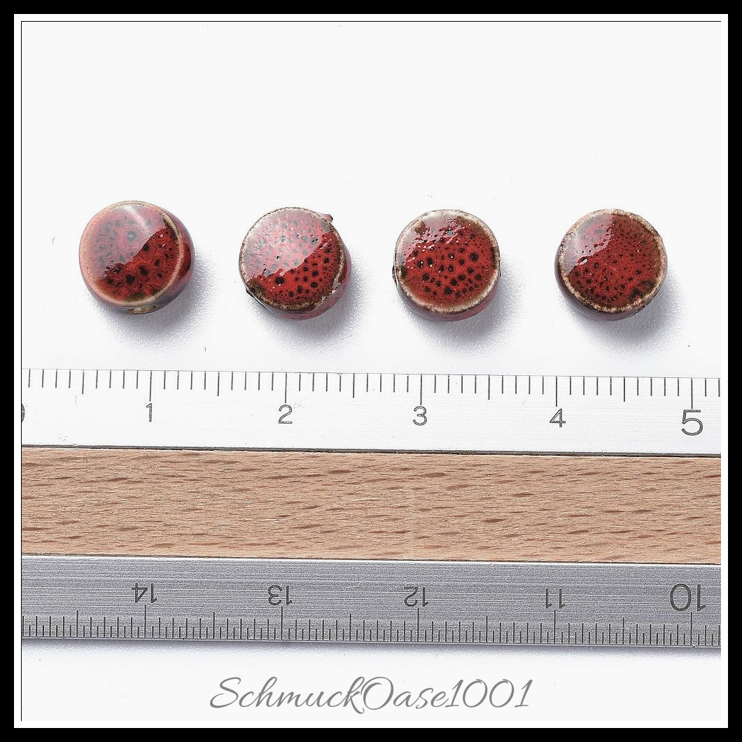 Manuell porzellan perlen, antik glasiert, flachrund, dunkelrot, 20 stk., aus dunkelrot in der farbe antik glasiertes porzellan und größe 9x5 mm, bohrung: 2 mm