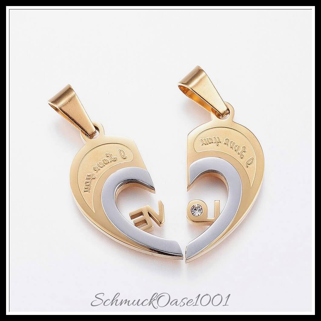 Split edelstahl anhänger – herz „i love you“ / 30x14x4 mm / 1 set, aus edelstahl 304 / herz, split, i love you, 2-farbig in der farbe gold & edelstahl und größe 30x14x4 mm, loch: 9x5 mm / 1 set