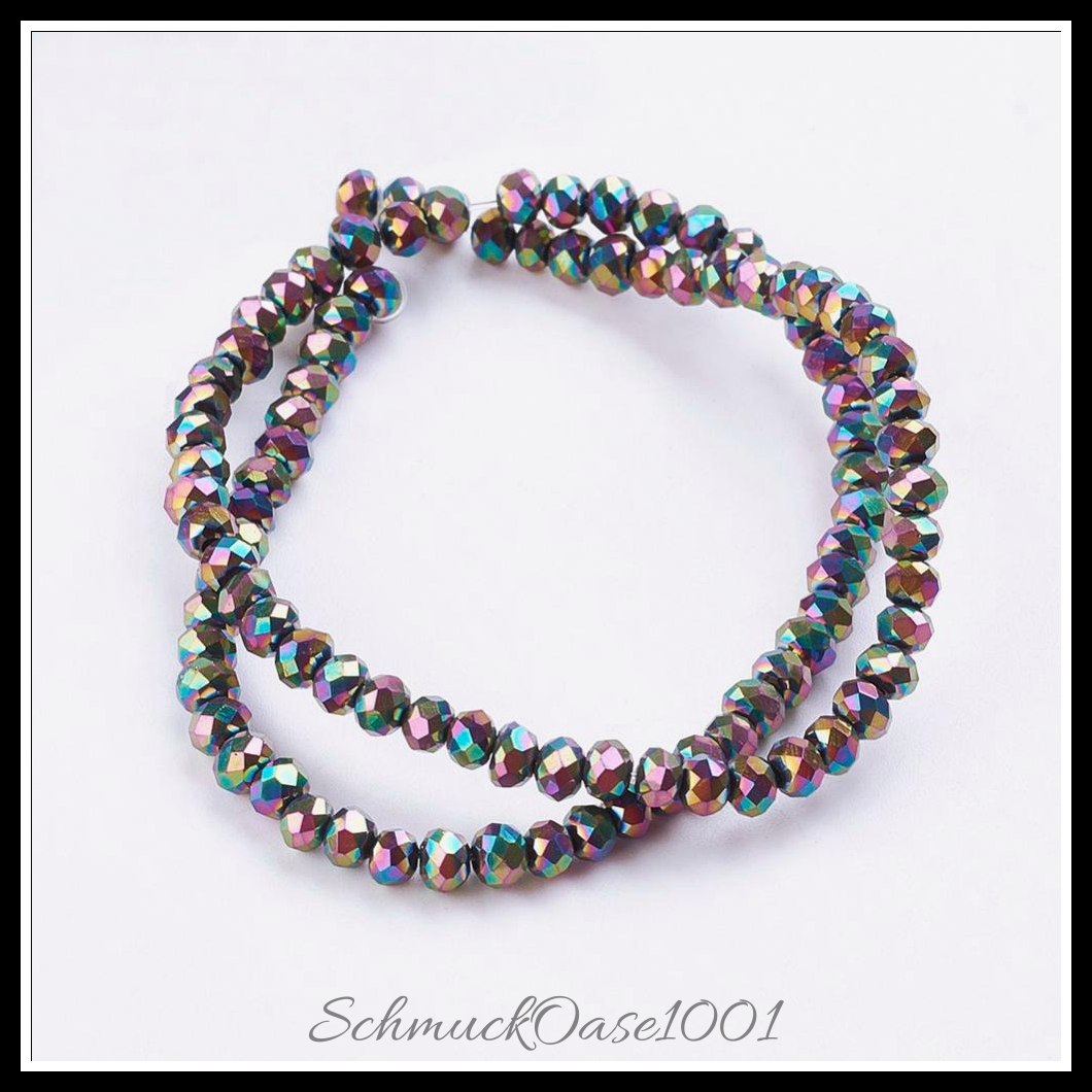 Galvanisierte glasperlen facettiert – multi-farbe plattiert, 3x2 mm, 2 stränge, aus multi-farbe plattiert in der farbe glas, galvanisiert, facettiert, rondell und größe 3x2 mm bohrung: 1 mm ca. 100 stk pro strang 10 zoll 2 stränge, ausdrucksstark und ideal für auffällige designs
