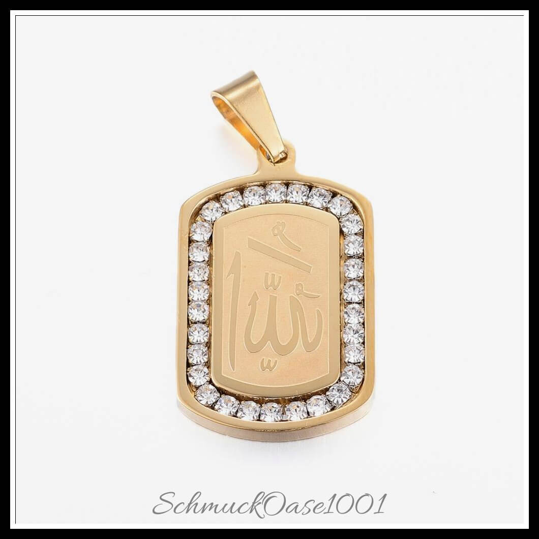 Edelstahl anhänger – rechteck mit allah & strass / 32x20x3 mm / 1 stück, in der farbe gold