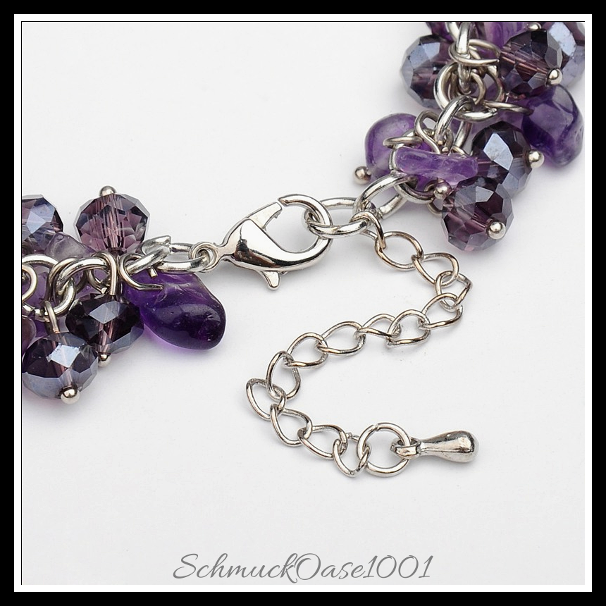 Amethyst armband mit glasperlen & messing-karabiner in den größen platinfarbe