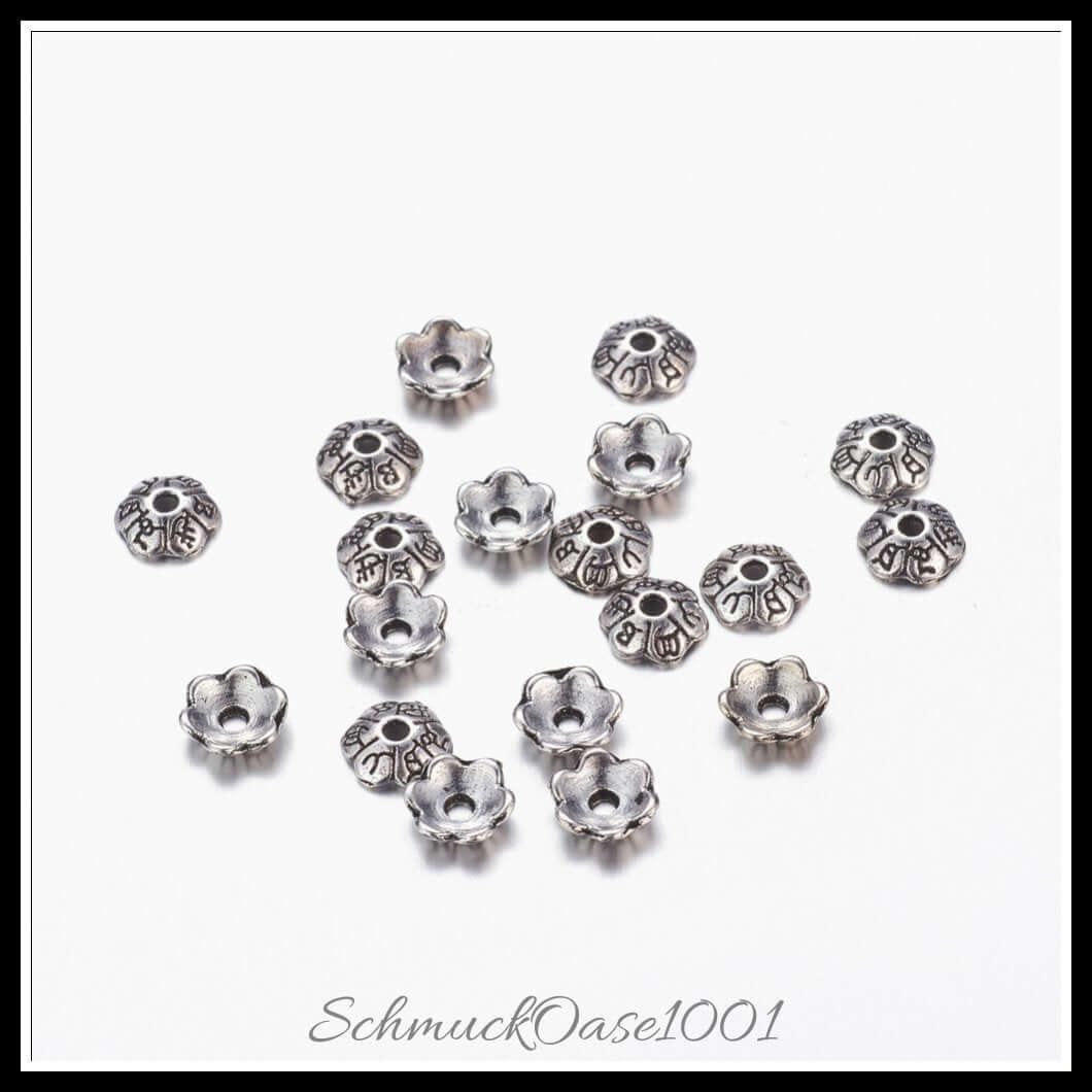 6-petal tibetische perlenkappen – blume / 6x2 mm – 100 stück, in der farbe legierung, tibetischer stil, blume, 6-petal, bleifrei, perfekt für die herstellung individueller ketten und armbänder