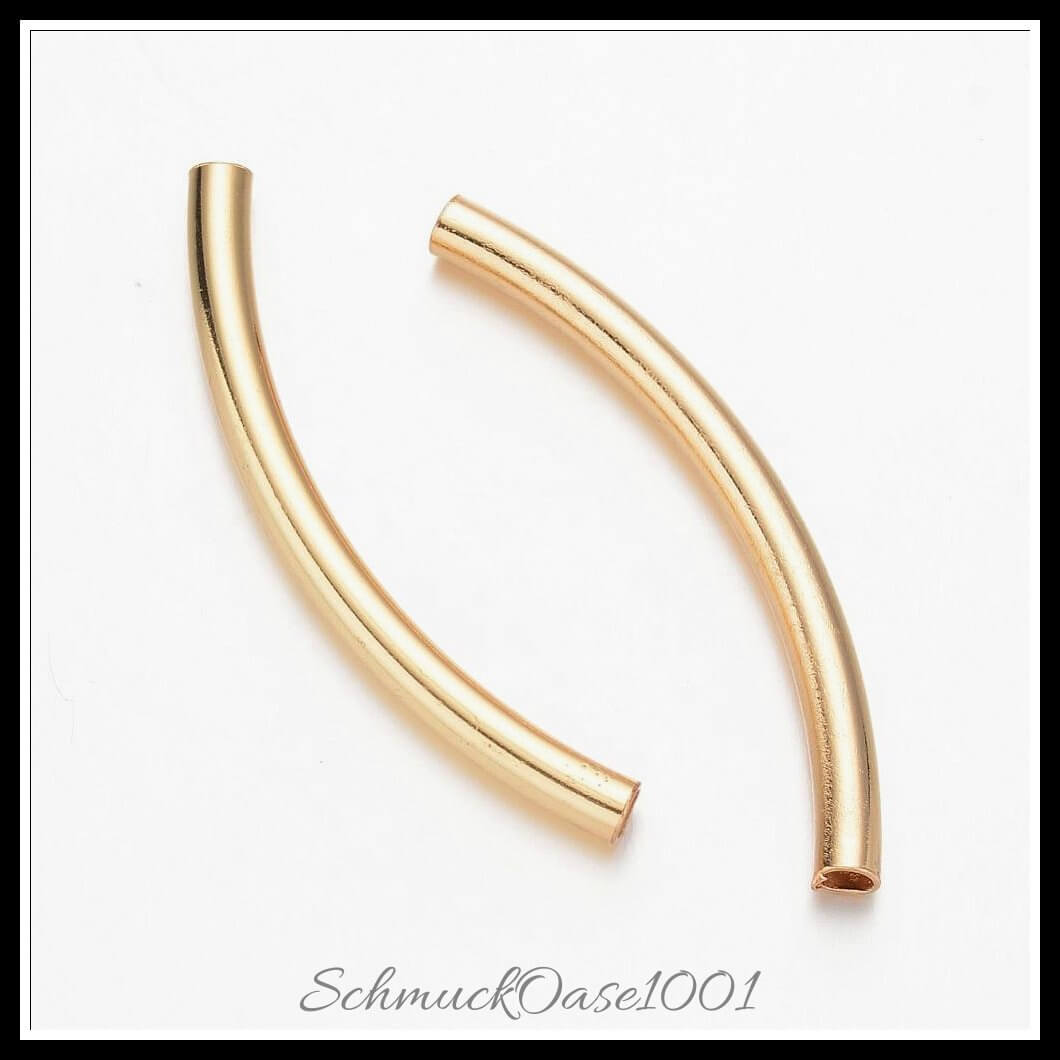Messingrohrperlen – gebogen / 50x4 mm – 14 stück, in der farbe messing, gebogen, echtes 18k vergoldet, perfekt für die herstellung individueller ketten und armbänder