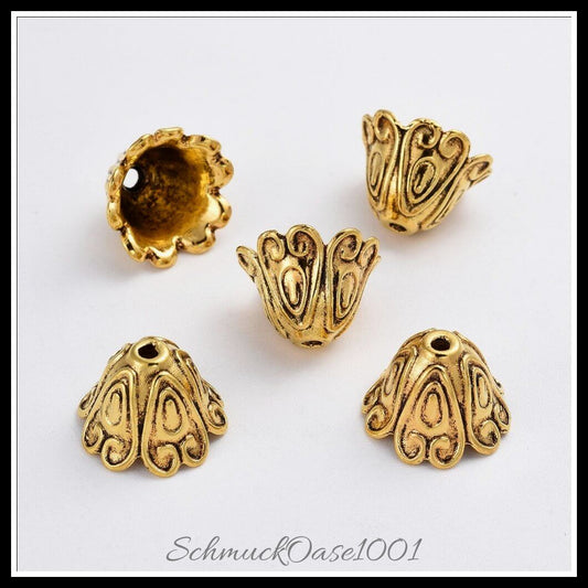 Tibetische perlenkappen – mehrblättrig / 15x11 mm / 14 stück, in der farbe antik golden