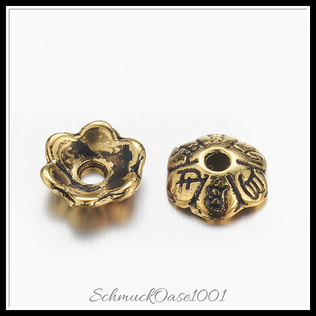 Tibetische stil legierung blume perlenkappen, antik golden – 100 stk., aus antik golden in der farbe legierung, blume, cadmiumfrei, bleifrei und größe 6x2 mm, bohrung: 1 mm