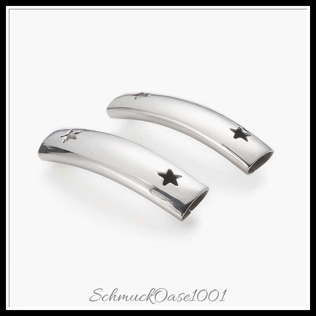 Edelstahlrohrperlen – gebogen mit stern / 36x10x8 mm / 4 stück, in der farbe edelstahl farbe