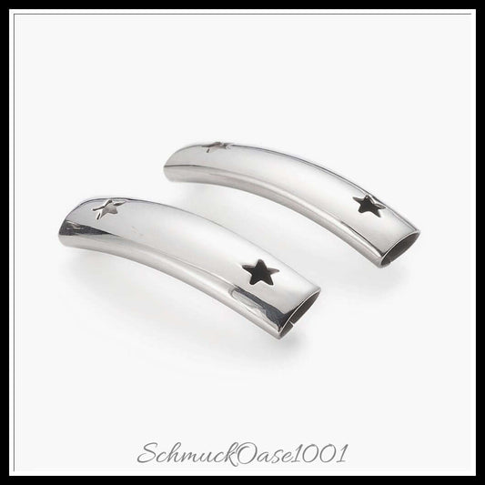 Edelstahlrohrperlen – gebogen mit stern / 36x10x8 mm / 4 stück, in der farbe edelstahl farbe