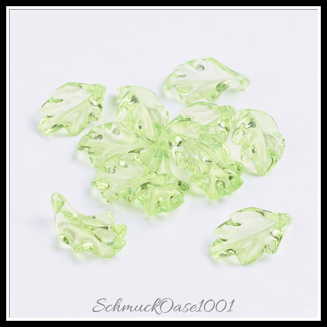 Transparente acrylanhänger – blatt / 24x15x5 mm / 40 stück, aus acryl / transparent, blatt in der farbe light green und größe 24x15x5 mm, loch: 1.5 mm / 40 st.