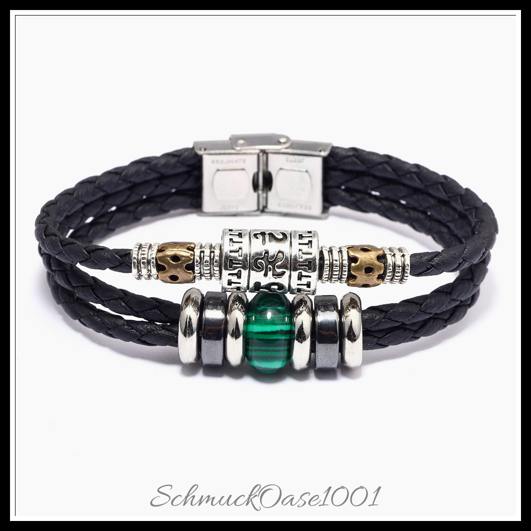 Lederarmband mit edelstein & hämatit – multi-strang stil-8-1/8 zoll (20.5 cm), 13 mm, in der farbe leder, multi-strang, verschiedene edelsteine, synthetischer hämatit, edelstahlverschluss