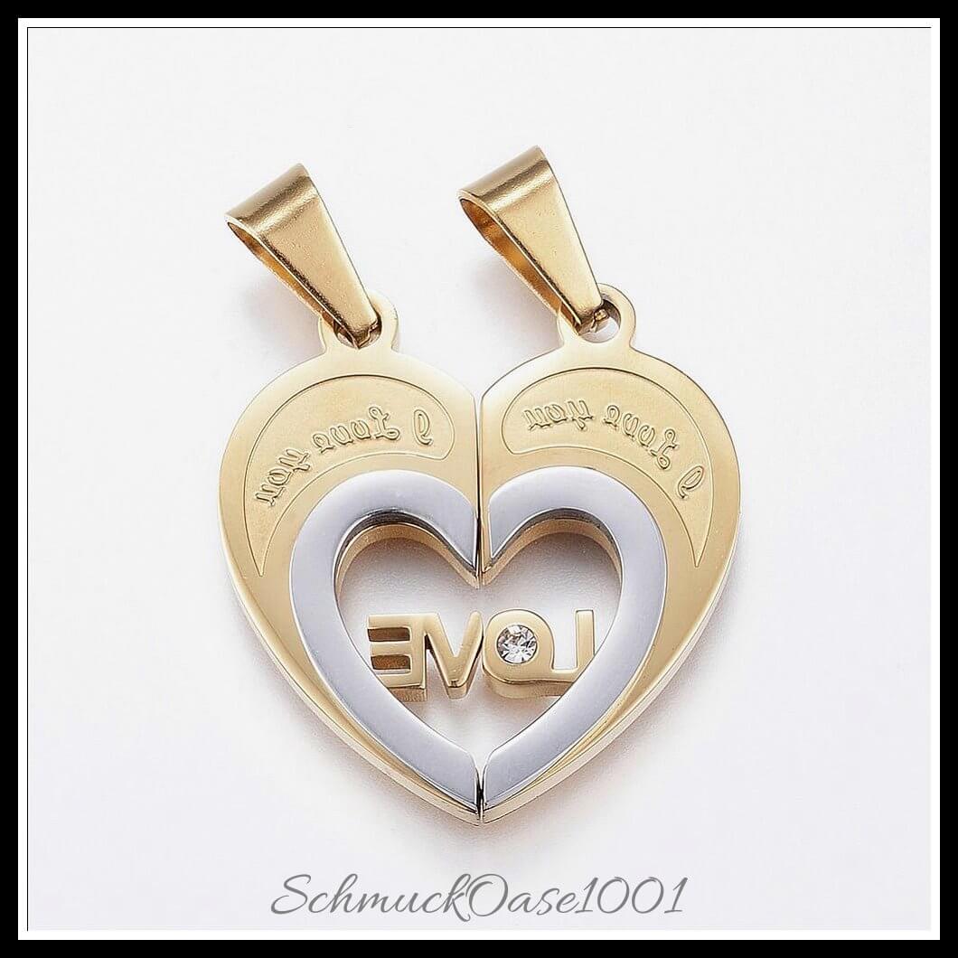 Split edelstahl anhänger – herz „i love you“ / 30x14x4 mm / 1 set, in der farbe gold & edelstahl