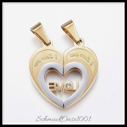 Split edelstahl anhänger – herz „i love you“ / 30x14x4 mm / 1 set, in der farbe gold & edelstahl