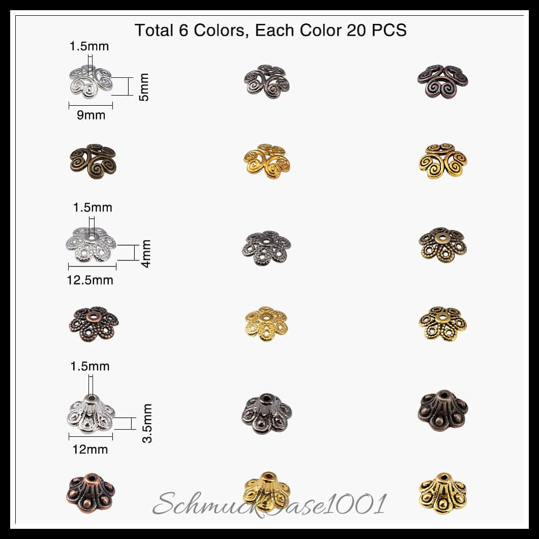 Tibetische legierungs-endkappen – 6 farben / 50 stück, aus legierung / endkappen, tibetisch, mischfarben in der farbe mix und größe 6 farben, für armband/halskette/ohrring / 50 st.