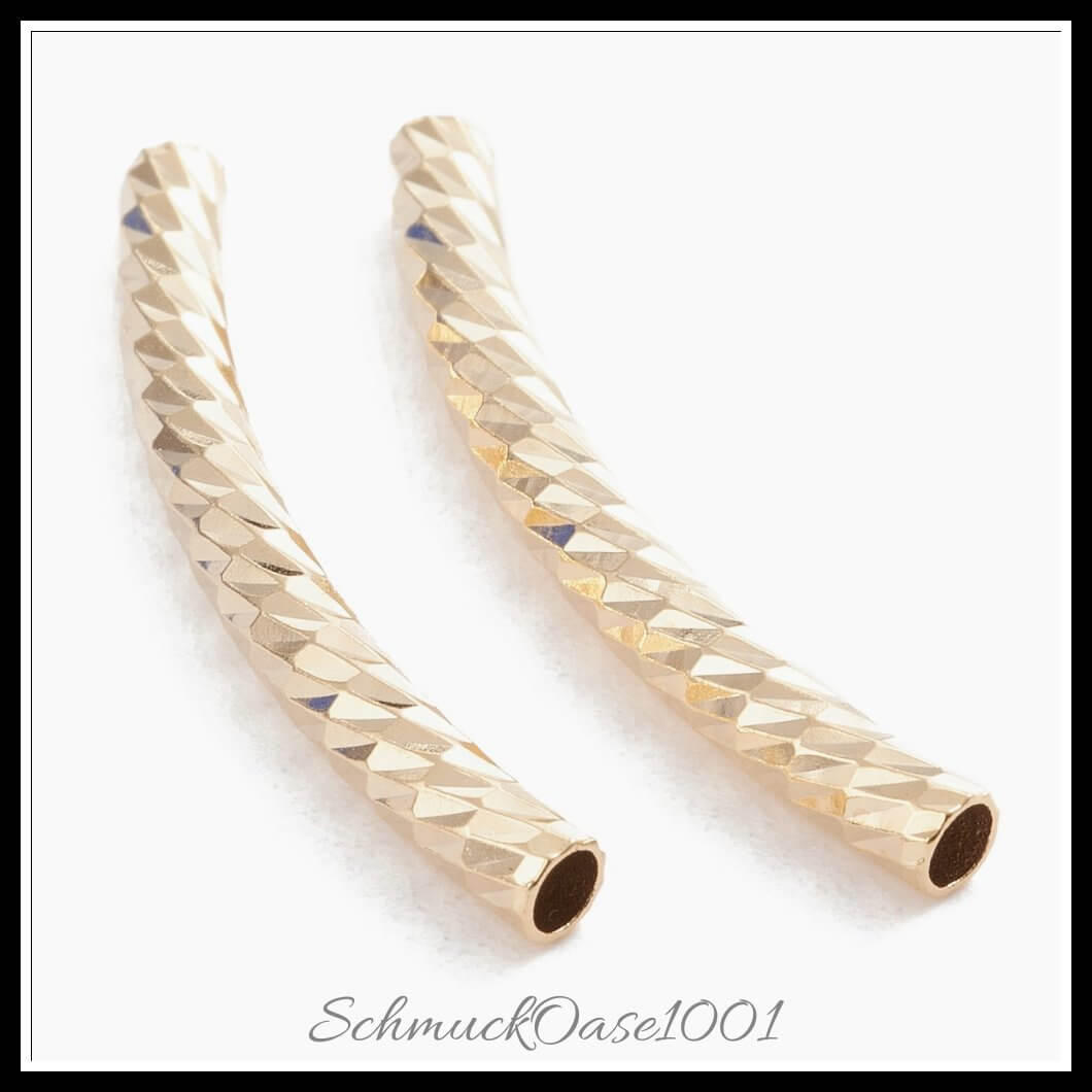 Messingrohrperlen – tube / 30x3 mm / 20 stück, aus messing / gebogen, 24k vergoldet & edelstahlfarbe in der farbe gold & edelstahlfarbe und größe 30x3 mm, loch: 2 mm / 20 st.