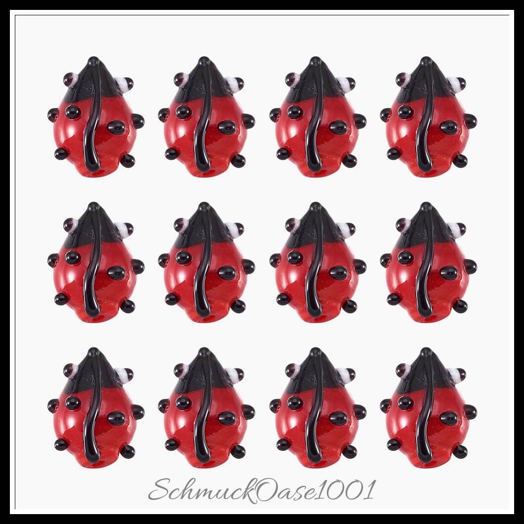 Handgemachte lampwork perlen – marienkäfer / 12–14x9–10x5–6 mm / 1 strang, aus lampwork / handgemacht, marienkäfer in der farbe rot und größe 12–14x9–10x5–6 mm, loch: 1–2 mm / 1 strang, ausdrucksstark und ideal für auffällige designs