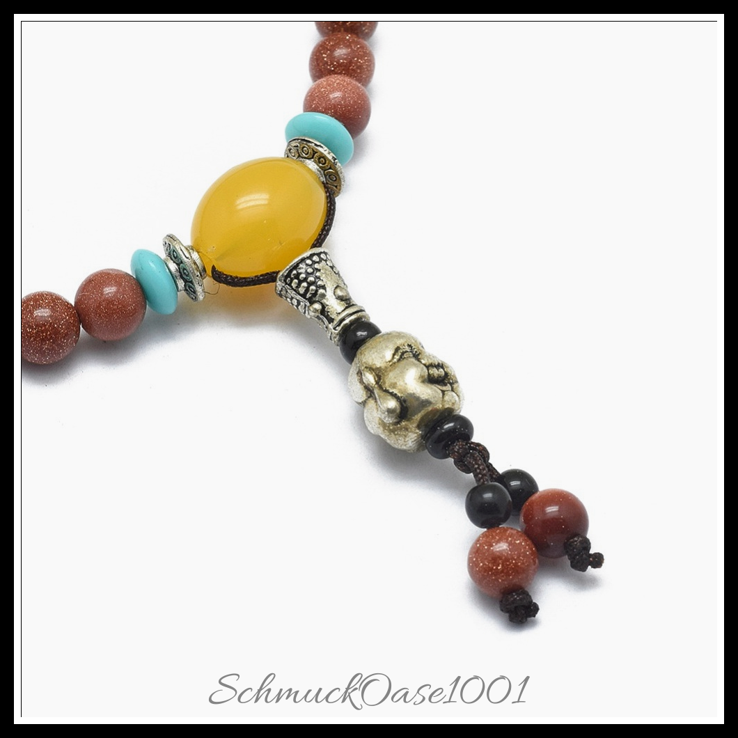 Luxuriöses synthese-goldstein wickelarmband – buddhismus schmuck, 4-schleifen-design, mischfarbe, aus mischfarbe in der farbe synthese-goldstein, legierung, acryl / stilvoll, vielseitig einsetzbar als wickelarmband oder perlenkette und größe 28.34 zoll (72 cm), 6 mm