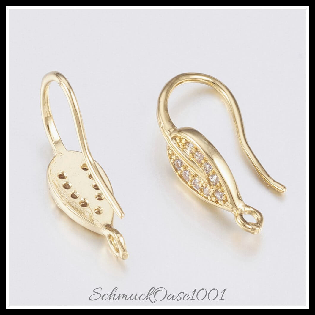 Messing ohrringhaken – zirkonia blatt / 21x6 mm – 1 paar, zusätzliches detailbild