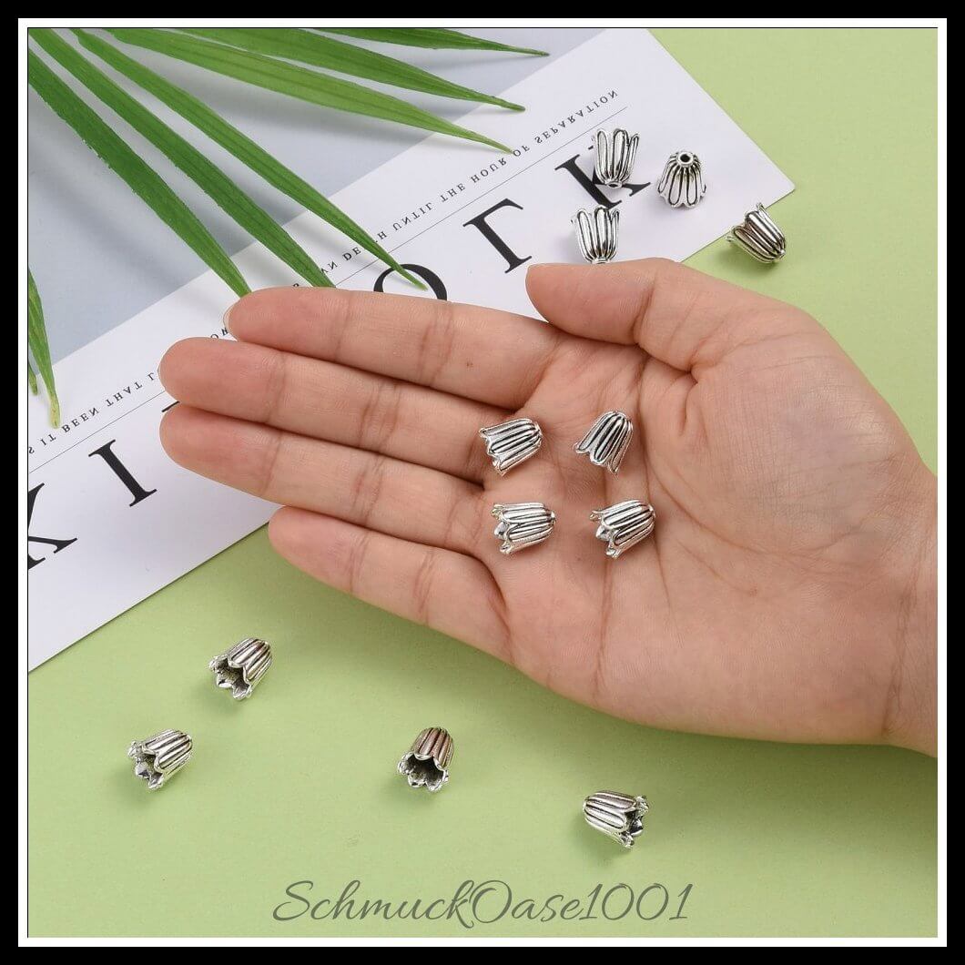 Tibetische perlenkappen – blume / 10x10 mm – 20 stück, zusätzliches detailbild, perfekt für die herstellung individueller ketten und armbänder
