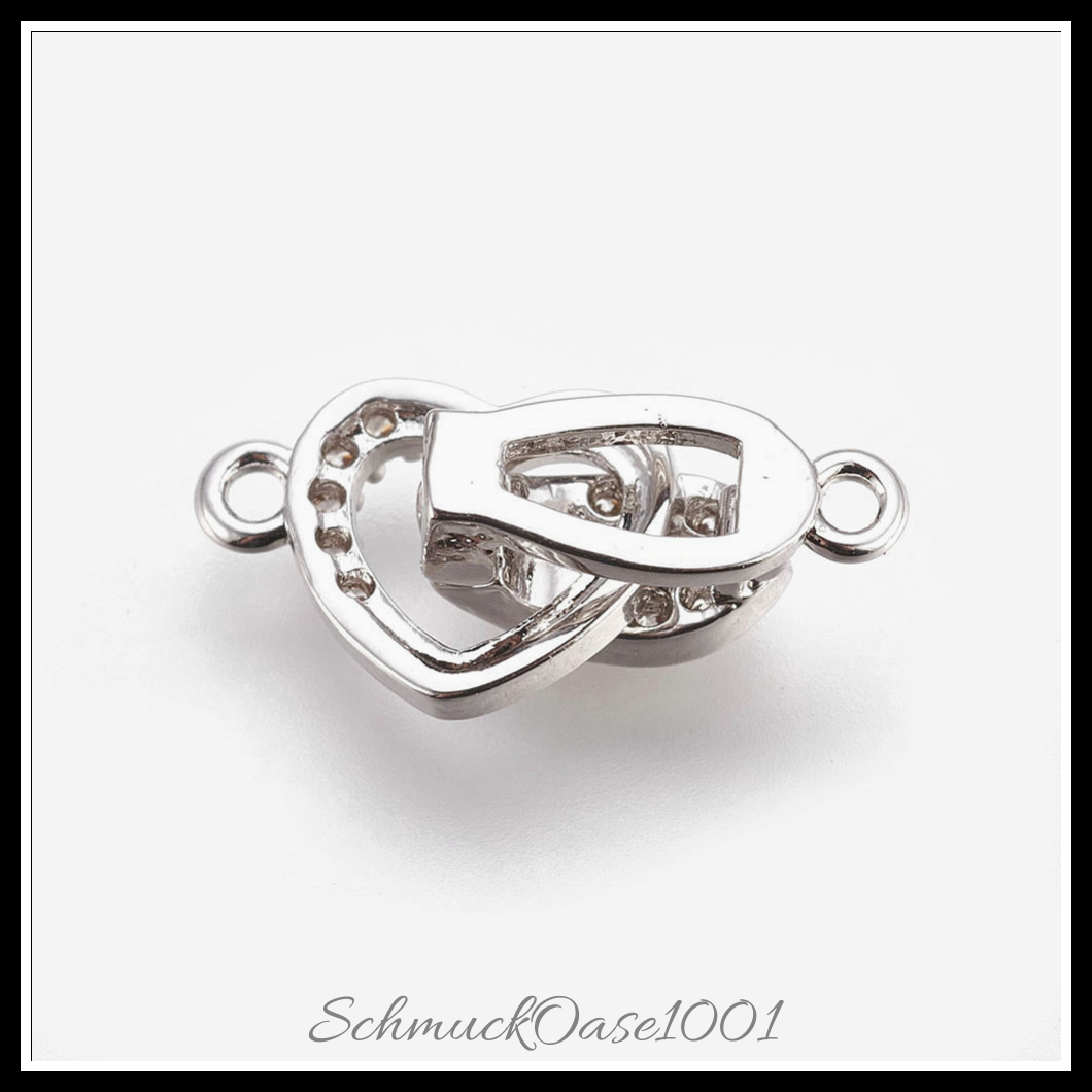 Messing-klammern mikro pflastern zirkonia, herz, echt platiniert – 2 sets, perfekt für die herstellung individueller ketten und armbänder