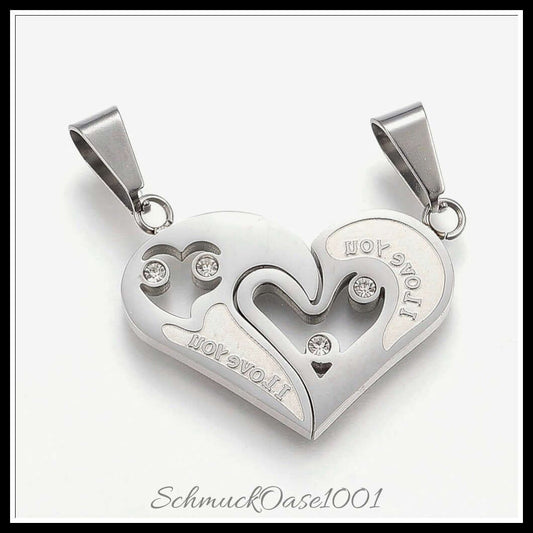 Edelstahl split-anhänger – herz „i love you“ mit strass / 23x30x2 mm / 1 stück, in der farbe edelstahl farbe