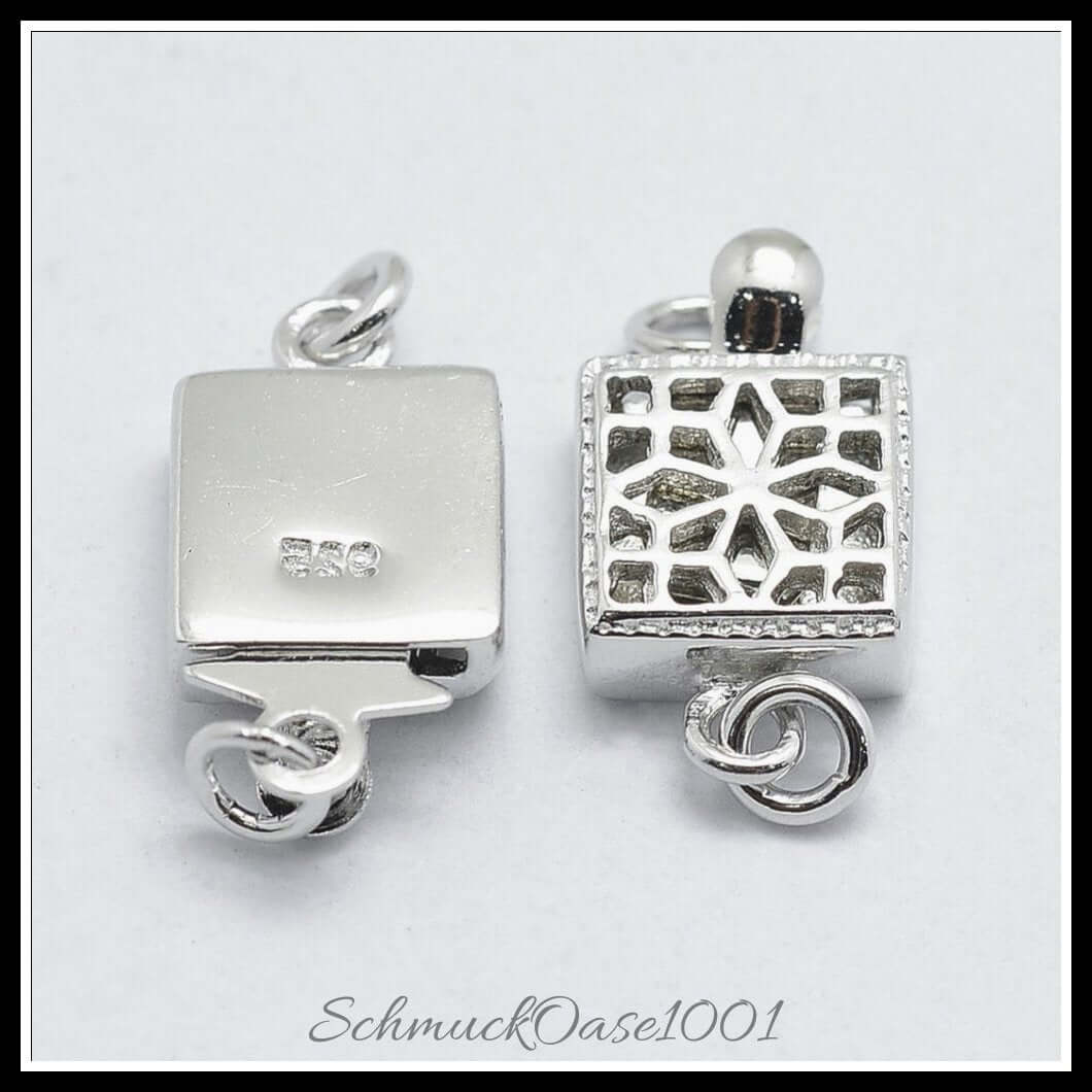 925 sterling silber boxschließen – viereck / 14.5x8x3 mm / 2 sets, aus sterling silber 925 / boxverschluss, viereck, geschnitzt in der farbe platinfarbe und größe 14.5x8x3 mm, loch: 1 mm / 2 sets, perfekt für die herstellung individueller ketten und armbänder