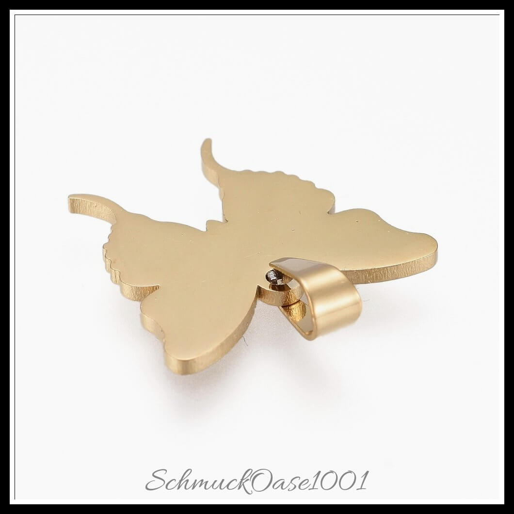Edelstahl anhänger – schmetterling – laserschnitt / 18x19x1.2 mm / 3 stück, aus edelstahl 304 / schmetterling, laserschnitt, stempelbar in der farbe gold und größe 18x19x1.2 mm, loch: 3x5 mm / 3 st.
