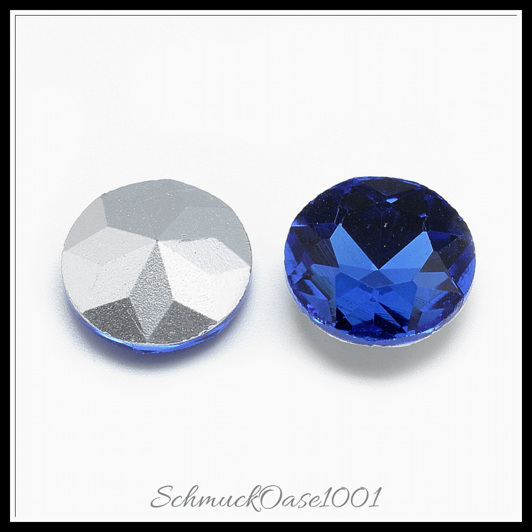 Similistein glas strass cabochons – facettiert – flachrund – blaugrün – 14mm – 40 stück, aus blaugrün in der farbe glas strass, similistein, zurück vernickelt, facettiert, flachrund und größe 14x5.8 mm, 40 stk.