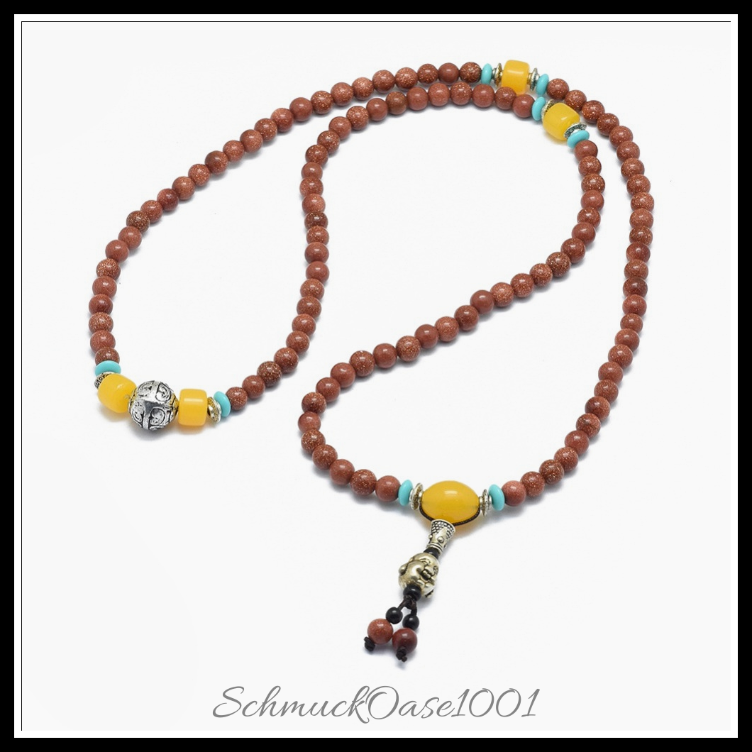 Luxuriöses synthese-goldstein wickelarmband – buddhismus schmuck, 4-schleifen-design, mischfarbe, aus mischfarbe in der farbe synthese-goldstein, legierung, acryl / stilvoll, vielseitig einsetzbar als wickelarmband oder perlenkette und größe 28.34 zoll (72 cm), 6 mm