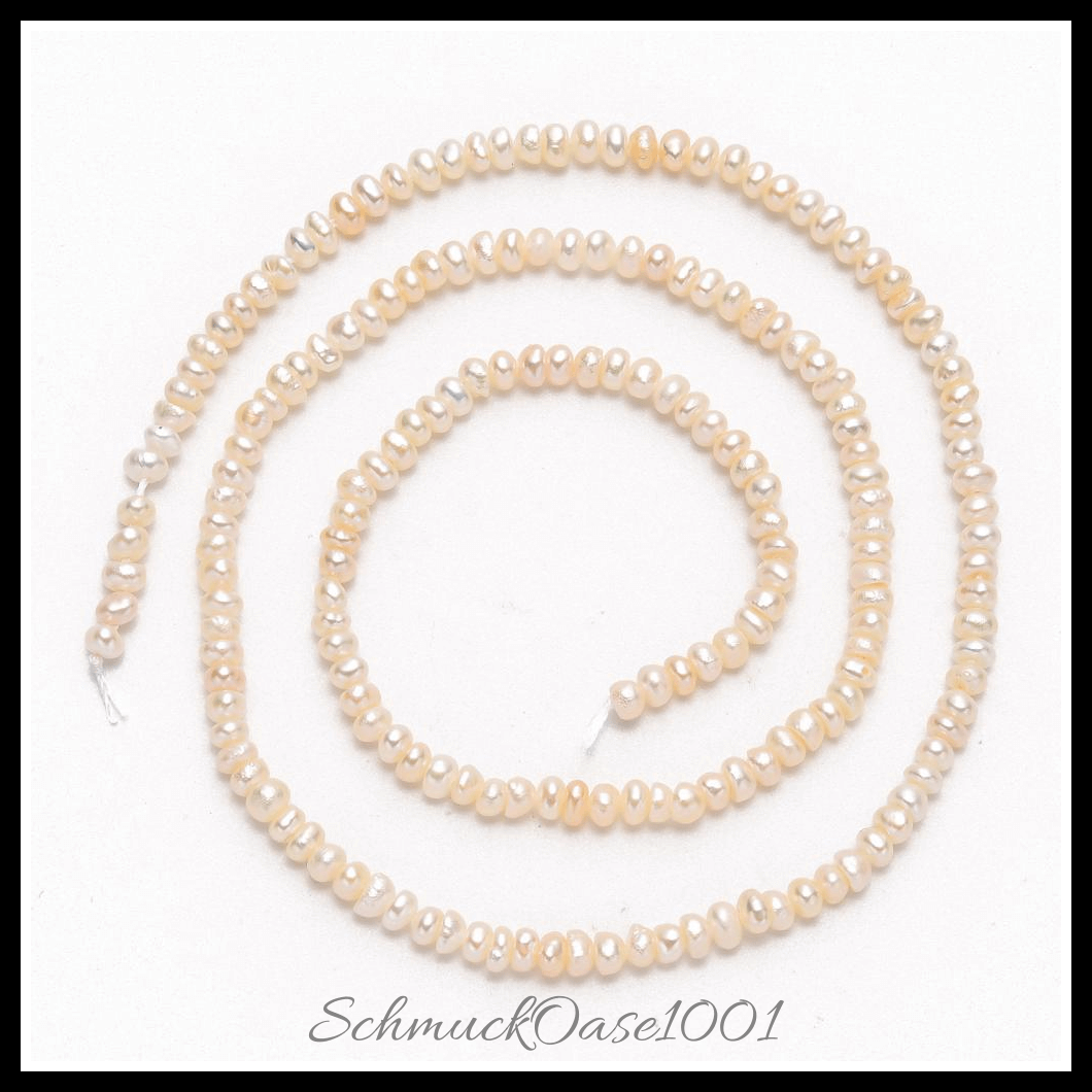 Kultivierte süßwasserperlen stränge – creme-weiß, 2–4 mm (1 strang), aus natürliche süßwasserperlen / zwei seiten poliert in der farbe creme-weiß und größe 2–3 mm, bohrung: 0.8 mm, ca. 190–200 stk./strang