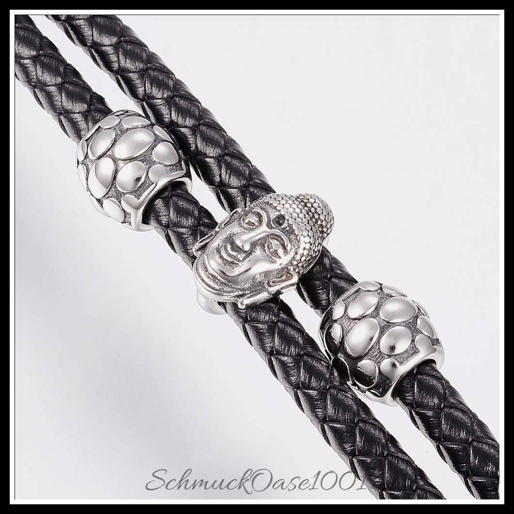 Buddha lederarmband – geflochten mit edelstahlperlen & magnetverschluss