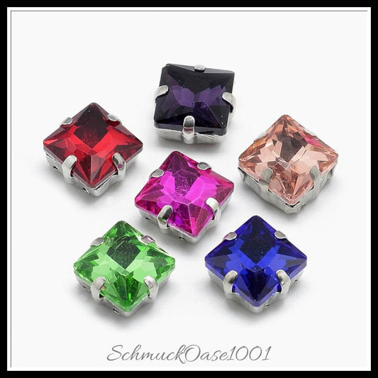 Nähen auf glas-strass – viereck / 10x10 – 14x14 mm – 14–20 stück, in der farbe glas, strass, messingstifte, facettiert, viereck, platiniert, kreativ und vielseitig einsetzbar