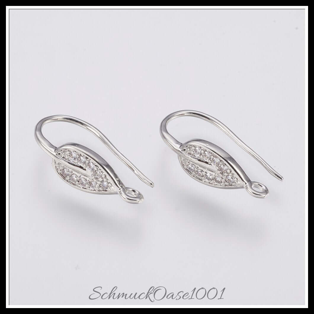 Messing ohrringhaken – zirkonia blatt / 21x6 mm – 1 paar, in der farbe messing, micro pave, cubic zirkonia, blatt, platiniert