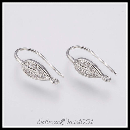 Messing ohrringhaken – zirkonia blatt / 21x6 mm – 1 paar, in der farbe messing, micro pave, cubic zirkonia, blatt, platiniert