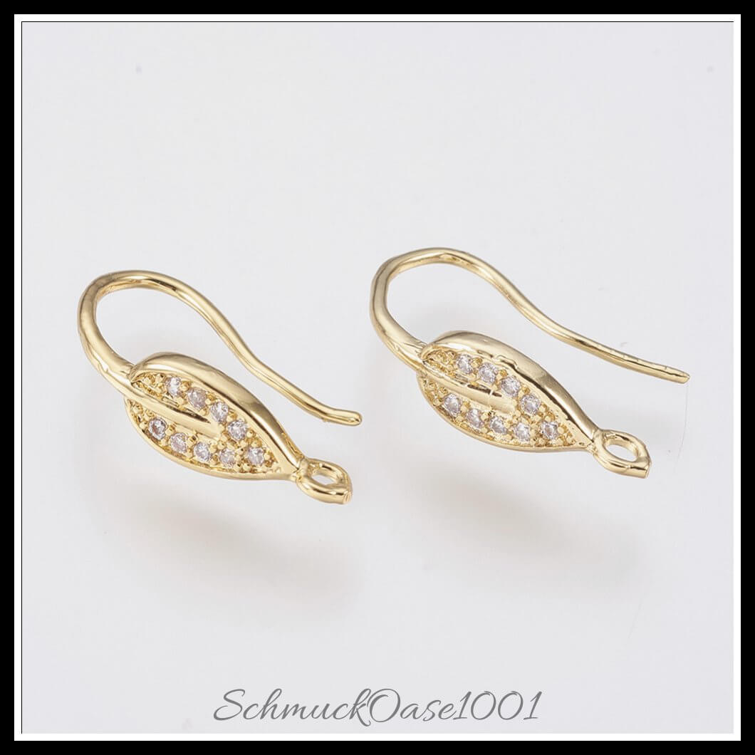 Messing ohrringhaken – zirkonia blatt / 21x6 mm – 1 paar, in der farbe messing, micro pave, cubic zirkonia, blatt, vergoldet