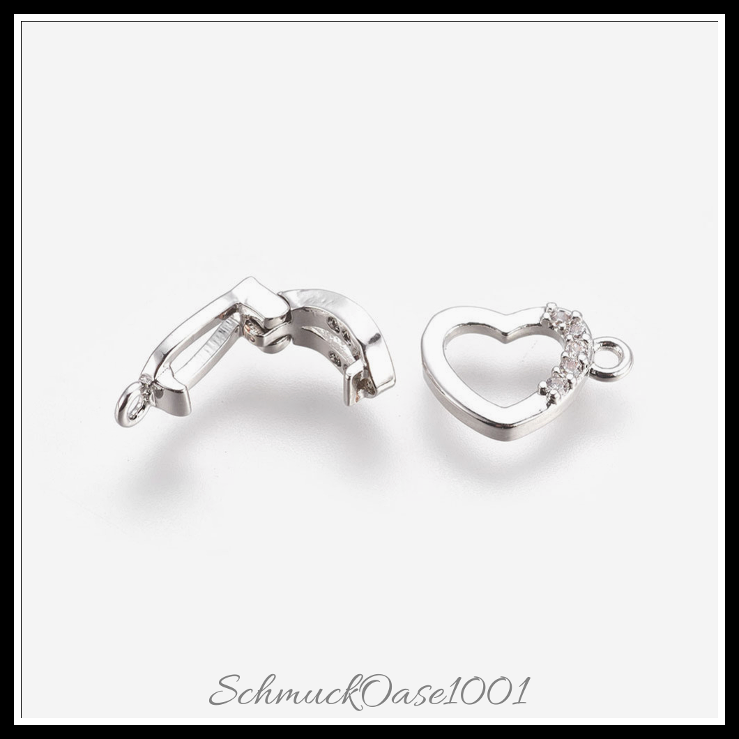 Messing-klammern mikro pflastern zirkonia, herz, echt platiniert – 2 sets in den größen transparent, perfekt für die herstellung individueller ketten und armbänder