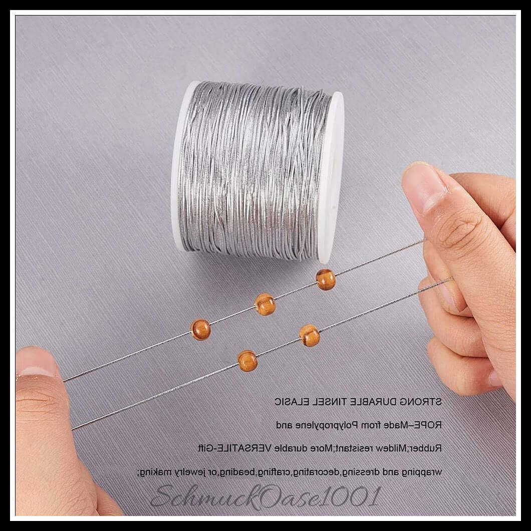 Elastische kordel – polyester außen, gummi innen – 1 rolle / ø1–2 mm – silber, zusätzliches detailbild