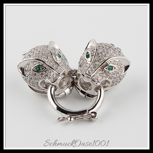 Messing leopardenkopf mikro-pflastern zirkonia twister schnallen, platin farbe – 1 set in den farben messing, verschlüsse, mikro-pflastern, zirkonia, leopardenkopf, mit strass, platiniert, perfekt für die herstellung individueller ketten und armbänder