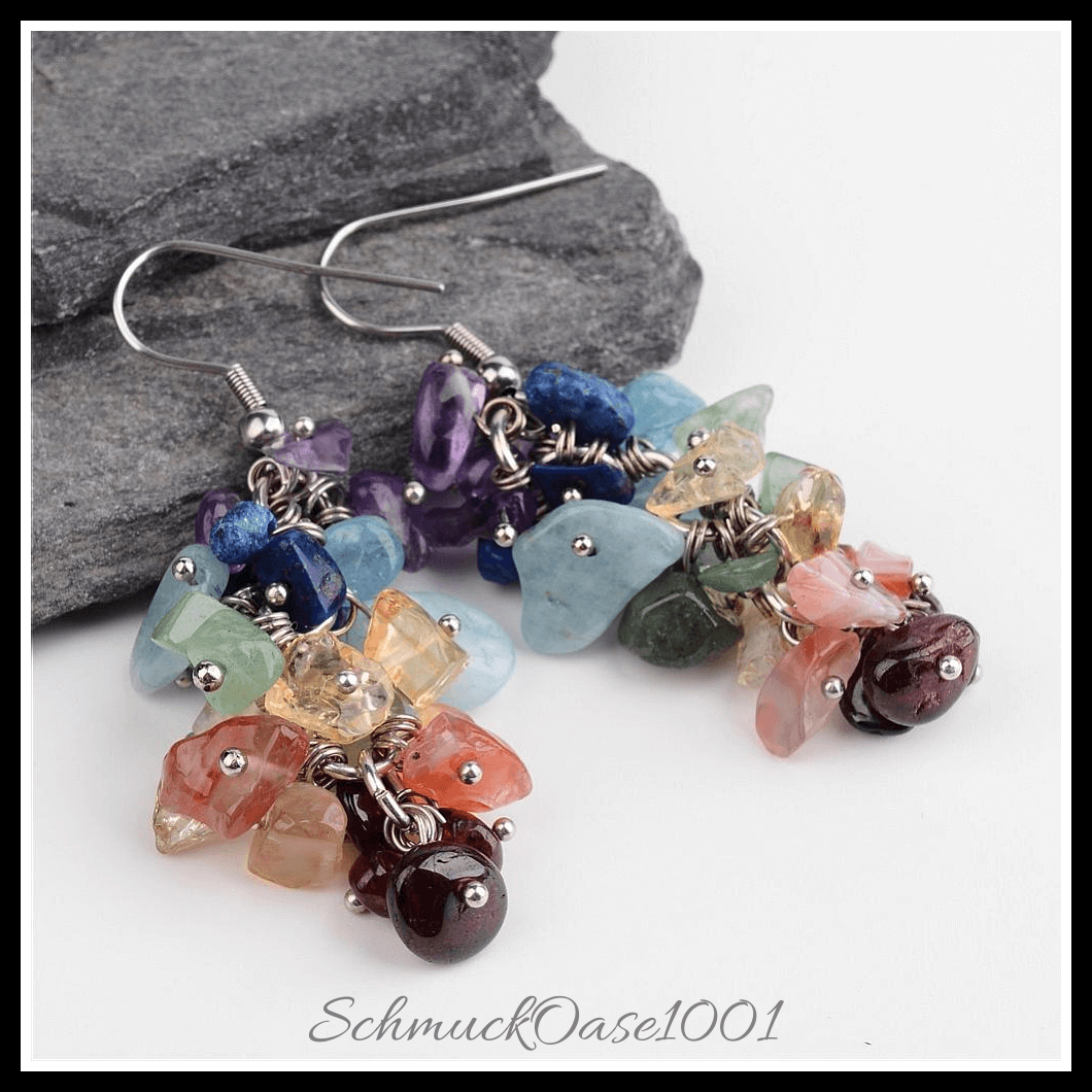 Chakra mischedelstein ohrringe mit edelstahlstift – 55 mm (1 paar), aus mischedelstein / edelstahl / spirituell in der farbe mehrfarbig und größe 55 mm, stift: 0.6 mm