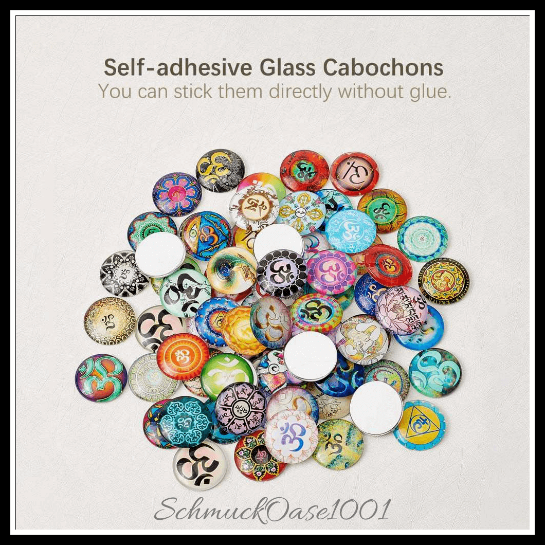 Chakra glas-cabochons – selbstklebend – 25 mm – 50 stück in den farben glas, selbstklebend, halbrund, gemischte muster und größen -