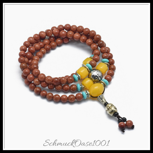 Luxuriöses synthese-goldstein wickelarmband – buddhismus schmuck, 4-schleifen-design, mischfarbe, in der farbe synthese-goldstein, legierung, acryl / stilvoll, vielseitig einsetzbar als wickelarmband oder perlenkette